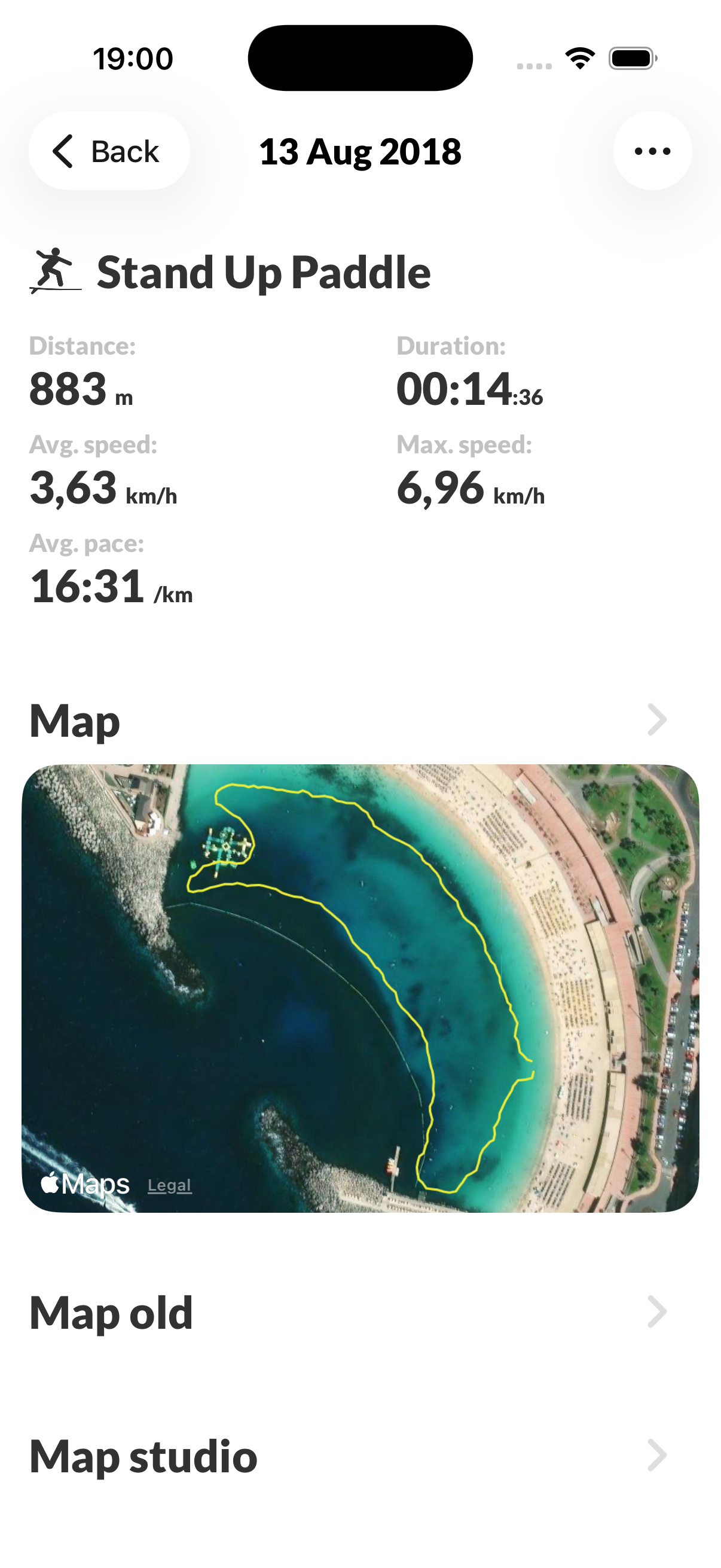 SUP session with GPS route shown on satellite map