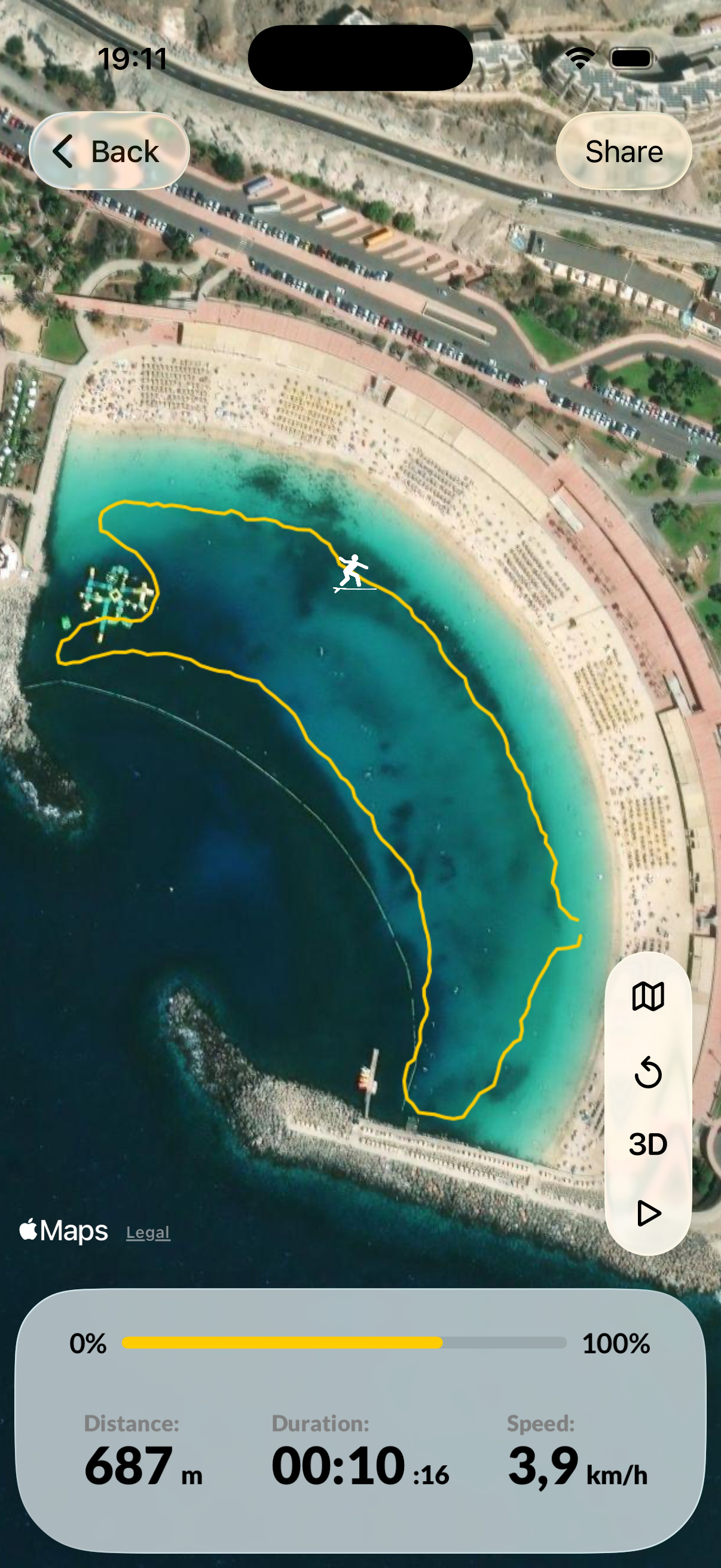 Full screen map showing GPS track of a stand up paddle session