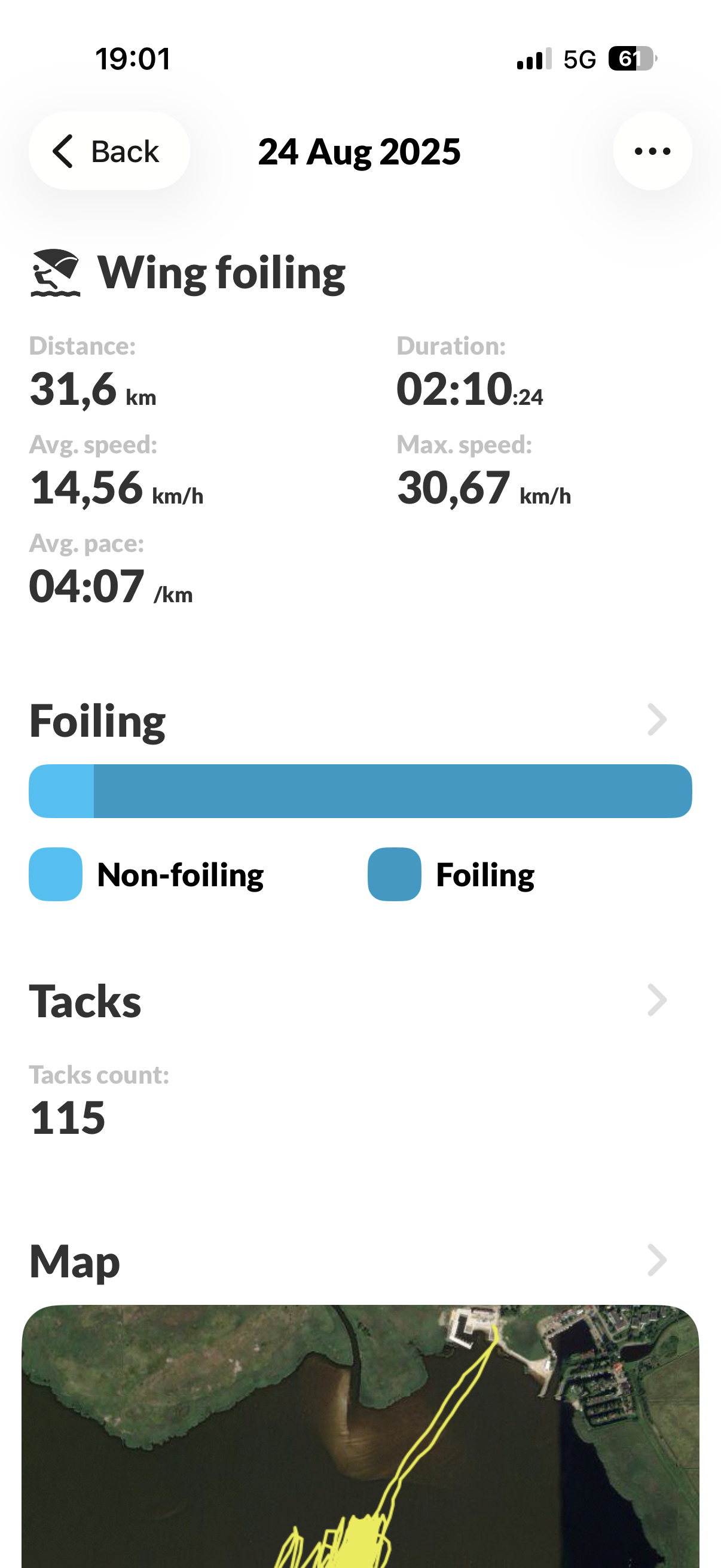 Wing foiling session detail with speed, distance, foiling stats and map
