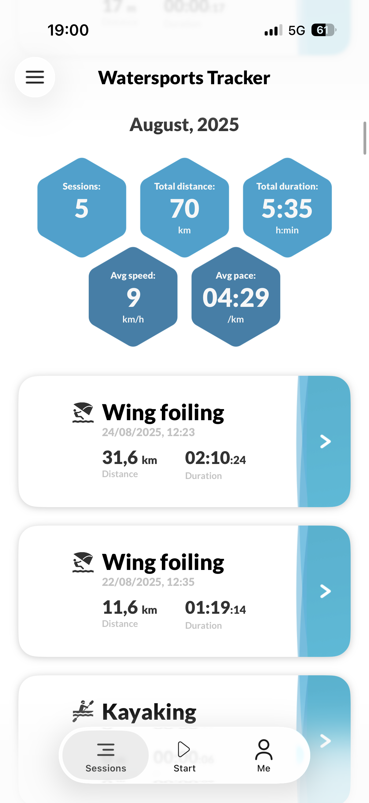 Session list showing wing foiling and kayaking sessions with distance and duration